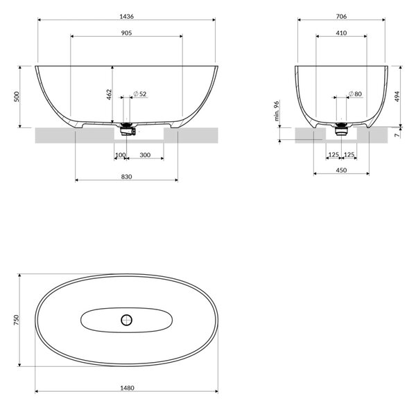 Cada freestanding, Omnires SHELL M+, 148 x 75 cm, gri cenușă mat