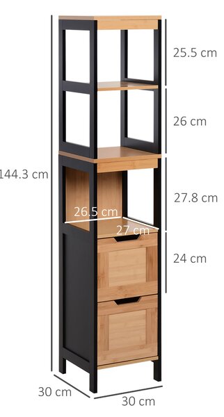 Kleankin Dulap Baie Multifuncțional 2 Sertare 3 Compartimente Lemn MDF Bambus 30x30x144.3cm Culoare Lemn | Aosom Romania