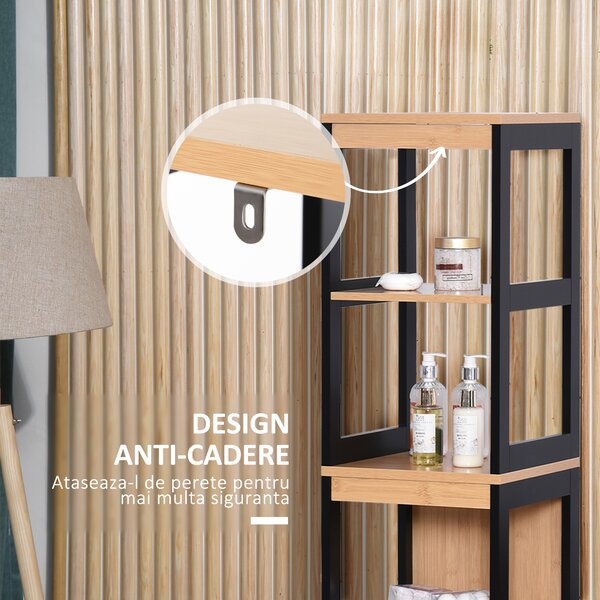 Kleankin Dulap Baie Multifuncțional 2 Sertare 3 Compartimente Lemn MDF Bambus 30x30x144.3cm Culoare Lemn | Aosom Romania