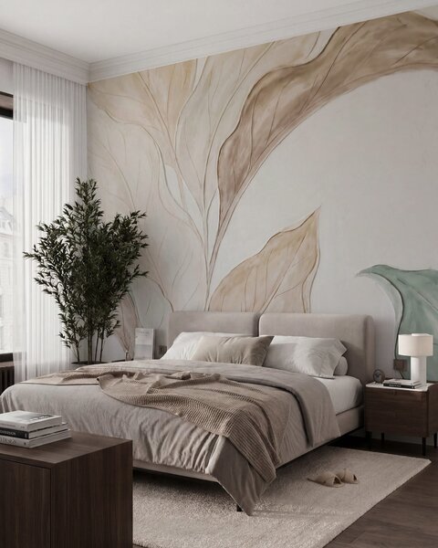 Tapet Imitare a unor frunze delicate, de culoare bej-verde, realizate prin turnare în relief, Imagini de fundal unice, w09991 : Uwalls.ro