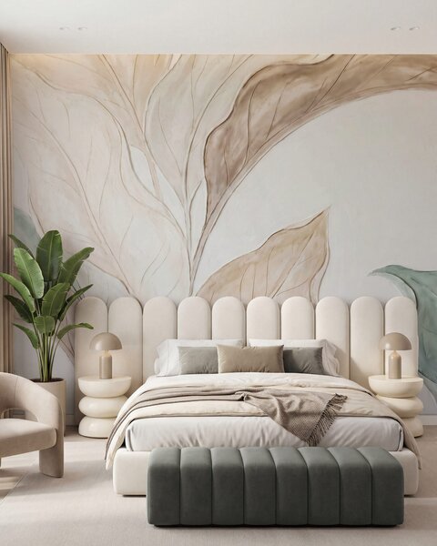 Tapet Imitare a unor frunze delicate, de culoare bej-verde, realizate prin turnare în relief, Imagini de fundal unice, w09991 : Uwalls.ro