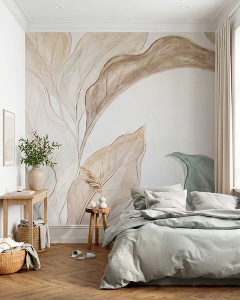 Tapet Imitare a unor frunze delicate, de culoare bej-verde, realizate prin turnare în relief, Imagini de fundal unice, w09991 : Uwalls.ro