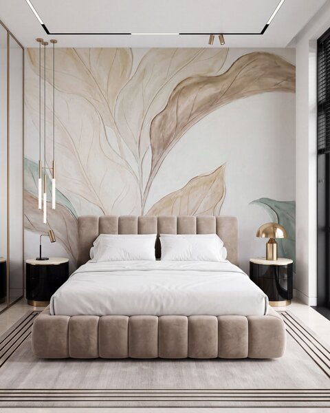 Tapet Imitare a unor frunze delicate, de culoare bej-verde, realizate prin turnare în relief, Imagini de fundal unice, w09991 : Uwalls.ro