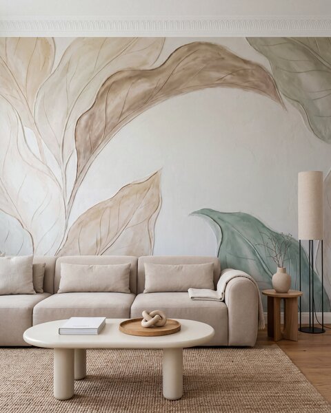 Tapet Imitare a unor frunze delicate, de culoare bej-verde, realizate prin turnare în relief, Imagini de fundal unice, w09991 : Uwalls.ro
