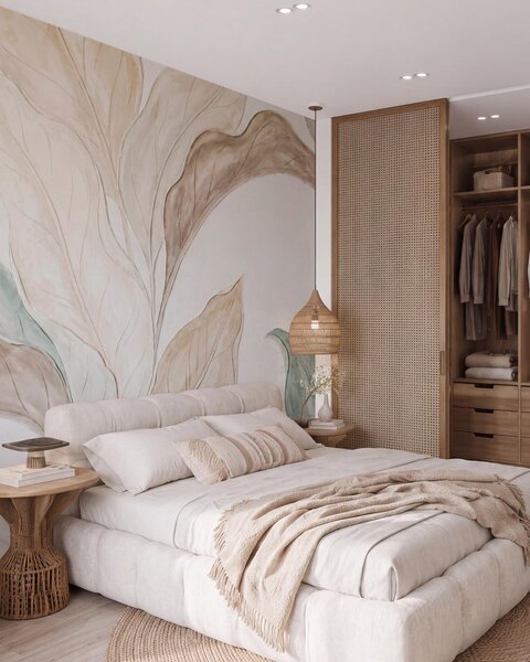 Tapet Imitare a unor frunze delicate, de culoare bej-verde, realizate prin turnare în relief, Imagini de fundal unice, w09991 : Uwalls.ro