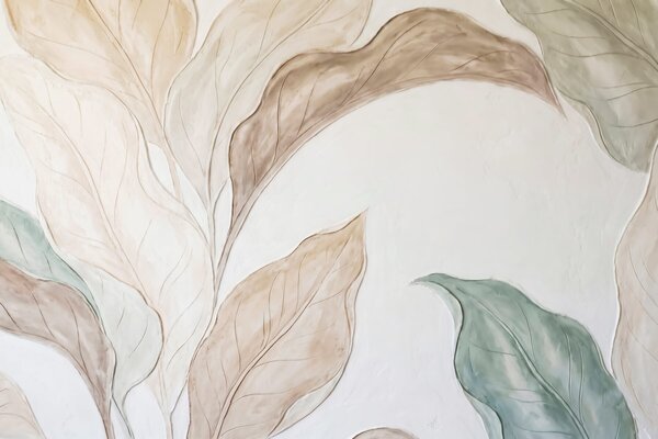 Tapet Imitare a unor frunze delicate, de culoare bej-verde, realizate prin turnare în relief, Imagini de fundal unice, w09991 : Uwalls.ro