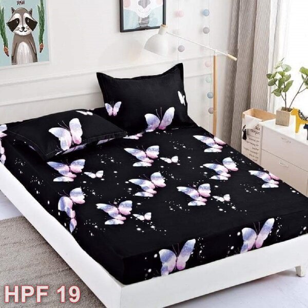 Husa de pat, finet, 180x200cm, 2 persoane, 3 piese, cu elastic, negru , cu fluturi mov, HPF19