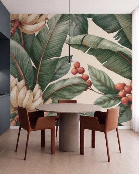 Tapet Frunze tropicale de bananier cu ciorchini de boabe roșii de cafea, în stil acuarelă, Fototapet Natură, w09997 : Uwalls.ro