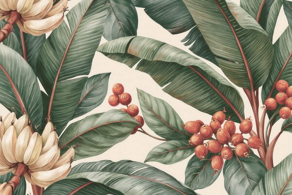 Tapet Frunze tropicale de bananier cu ciorchini de boabe roșii de cafea, în stil acuarelă, Fototapet Natură, w09997 : Uwalls.ro