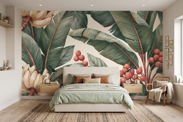 Tapet Frunze tropicale de bananier cu ciorchini de boabe roșii de cafea, în stil acuarelă, Fototapet Natură, w09997 : Uwalls.ro