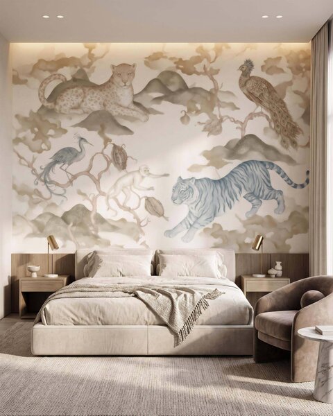 Tapet Grădină imperială cu animale în stil oriental — maimuță, leopard, tigru, păun și stârc, Fototapet Animale, w10011 : Uwalls.ro