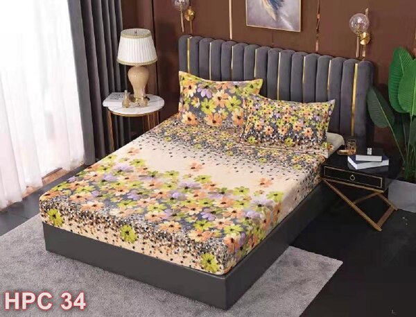 Husa de pat, 2 persoane, cocolino, 3 piese, cu elastic, 180x200cm, crem , cu floricele, HPC34