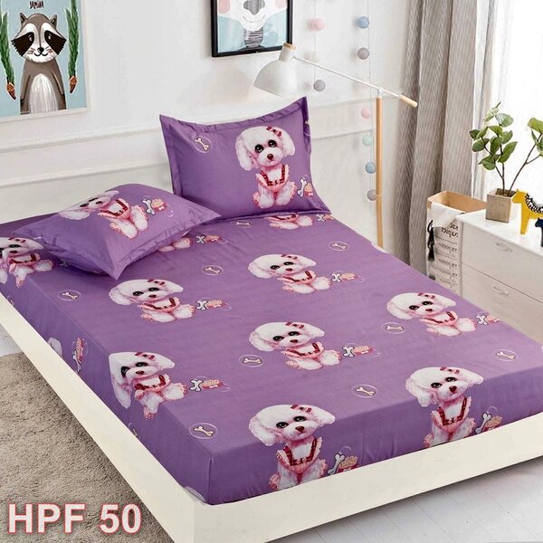 Husa de pat, 2 persoane, finet, 3 piese, cu elastic, mov , cu imprimeu catelusi, HPF50