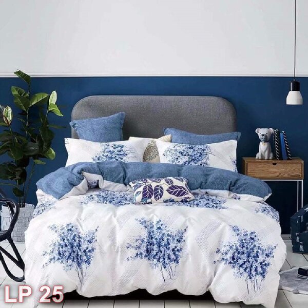 Lenjerie de pat, 1 persoană, finet, 4 piese, alb si albastru, cu flori albastre, LP25