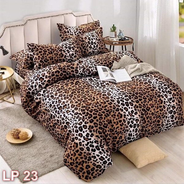 Lenjerie de pat, 1 persoană, finet, 4 piese, maro si crem, cu pete leopard, LP23