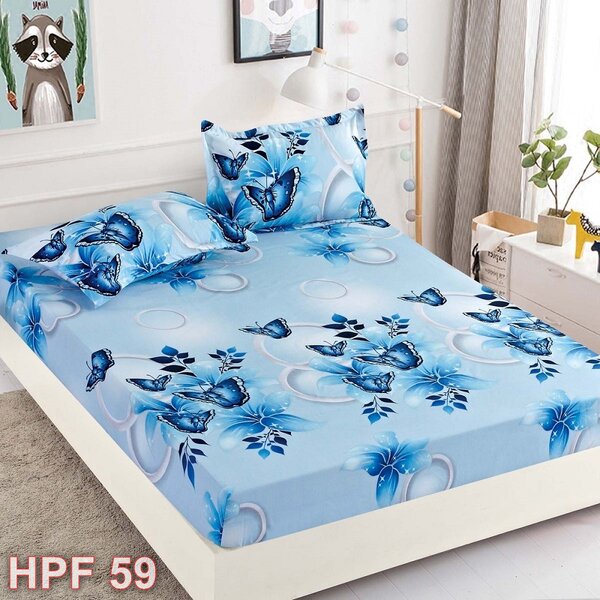 Husa de pat, 2 persoane, finet, 3 piese, cu elastic, albastru , cu fluturasi, HPF59