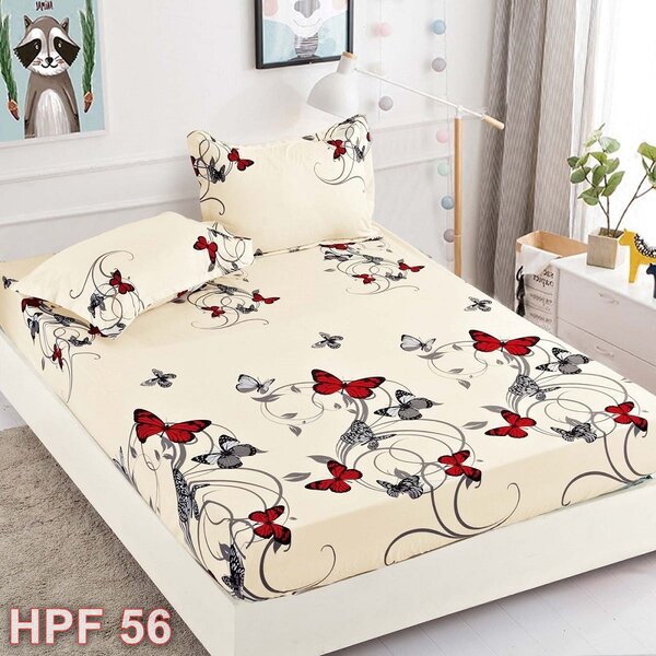 Husa de pat, finet, 180x200cm, 2 persoane, 3 piese, cu elastic, crem , cu fluturi negri si rosii, HPF56