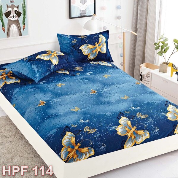 Husa de pat, 2 persoane, finet, 3 piese, cu elastic, albastru , cu fluturi aurii, HPF114