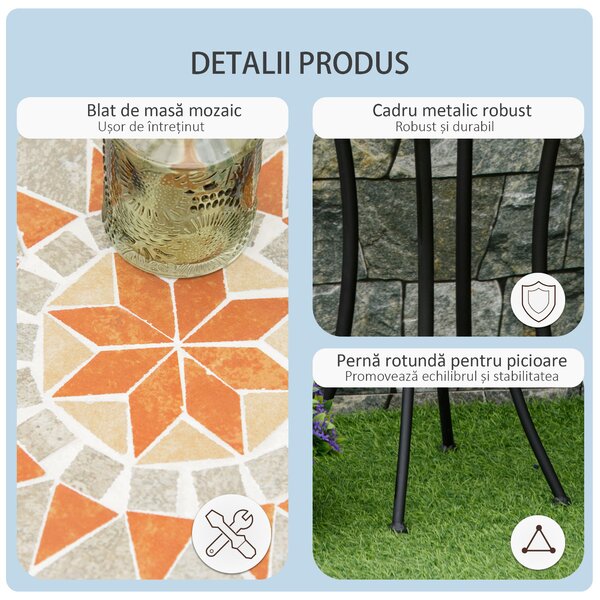 Outsunny Masă Rotundă Laterală Ø35,5cm – Masă de Patio Impermeabilă cu Design Mozaic, Măsuță din Metal pentru Living, Birou, Interior și Exterior – Galben și Gri | Aosom Romania
