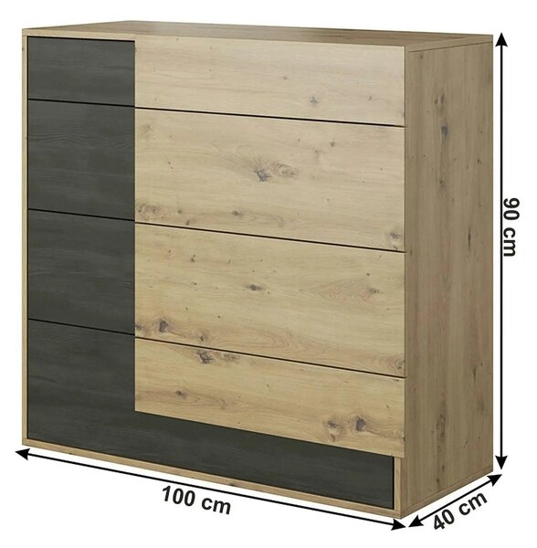 Comoda BAFRA, stejar artisan/pin negru, PAL laminat, 100x40x90 cm