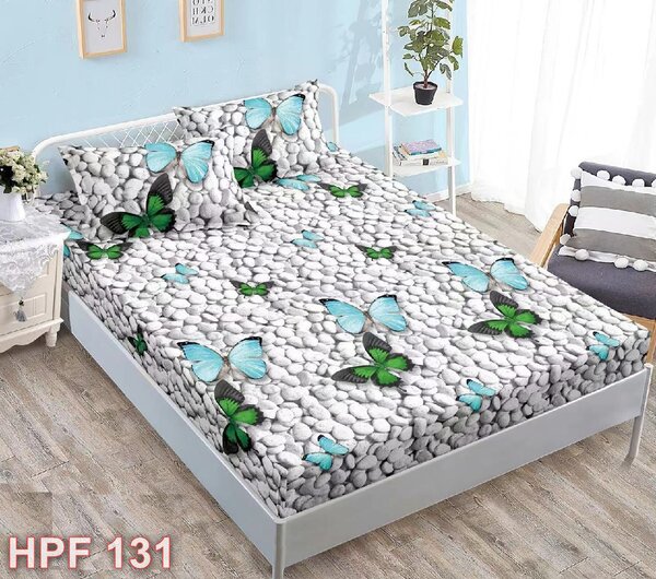Husa de pat, finet, 180x200cm, 2 persoane, 3 piese, cu elastic, gri , cu pietre si fluturi, HPF131