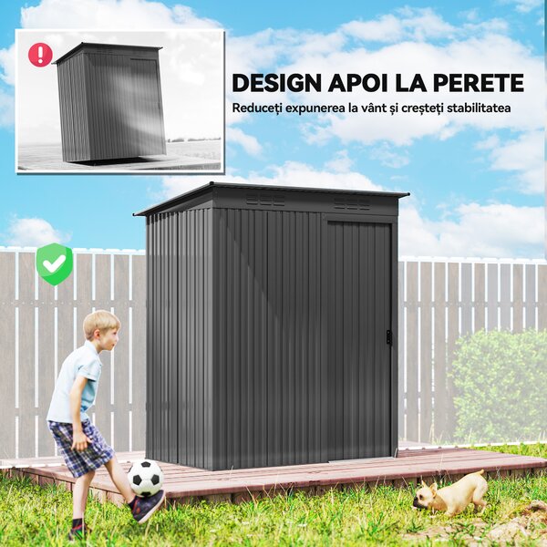 Outsunny Căsuță de Grădină 1.37m² din Metal, Montare Ușoară, Depozit pentru Unelte de Grădină cu Fante de Aer, Ușă Culisantă, Acoperiș Înclinat și Mănuși, 159x106x181 cm, Gri Închis | Aosom Romania