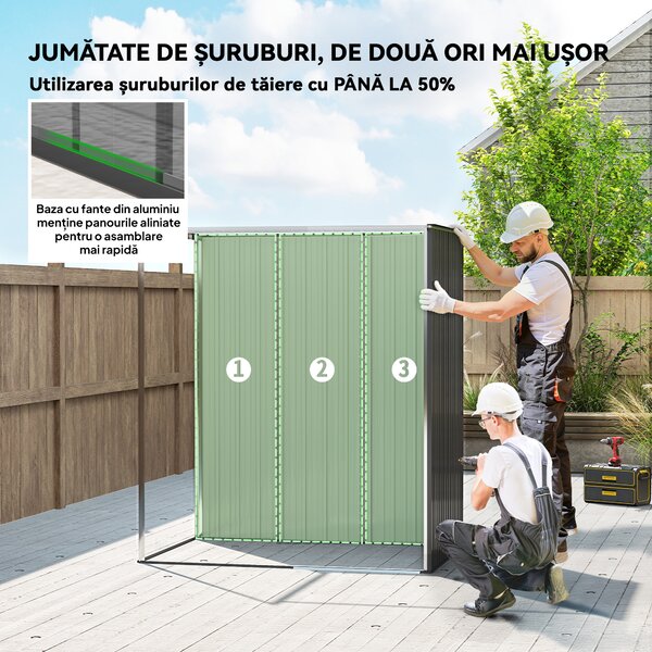 Outsunny Căsuță de Grădină 1.37m² din Metal, Montare Ușoară, Depozit pentru Unelte de Grădină cu Fante de Aer, Ușă Culisantă, Acoperiș Înclinat și Mănuși, 159x106x181 cm, Gri Închis | Aosom Romania
