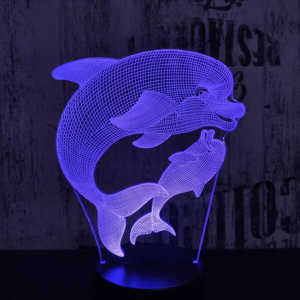 Lampă 3D LED Delfin cu puiul cu iluminizare în 7 culori