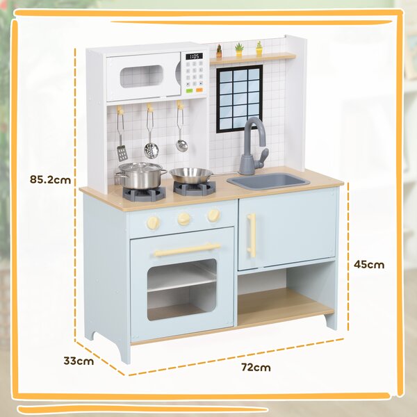 AIYAPLAY Bucătărie pentru Copii 3+ Ani, Bucătărie Jucărie din Oțel Inoxidabil, Lemn și PP, 72x33x85,2 cm, Albastru | Aosom Romania