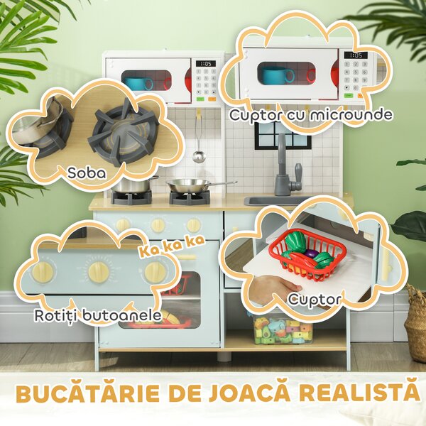 AIYAPLAY Bucătărie pentru Copii 3+ Ani, Bucătărie Jucărie din Oțel Inoxidabil, Lemn și PP, 72x33x85,2 cm, Albastru | Aosom Romania