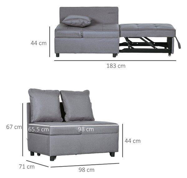 HOMCOM Fotoliu Pat 3 în 1 cu Spătar Reglabil în 5 Poziții și Perne, Canapea Pat, 98x69x65 cm, Gri Închis | Aosom Romania