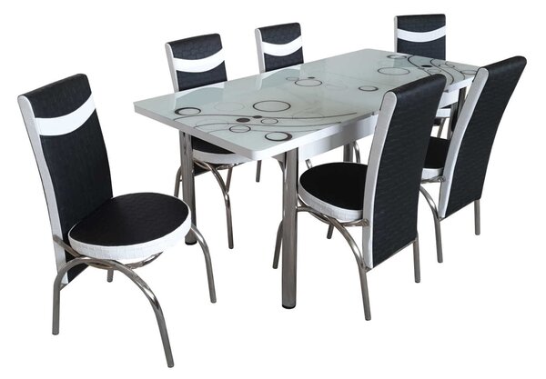 Set masă extensibilă Teo Alb cu 6 scaune negru alb