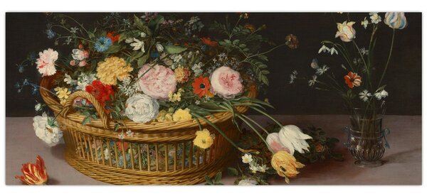 Tablou - Jan Brueghel the Elder, Flowers in a Basket and a Vase, reproducere (120x50 cm)