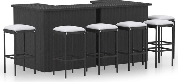 Set mobilier bar de grădină cu perne, 8 piese, negru, poliratan