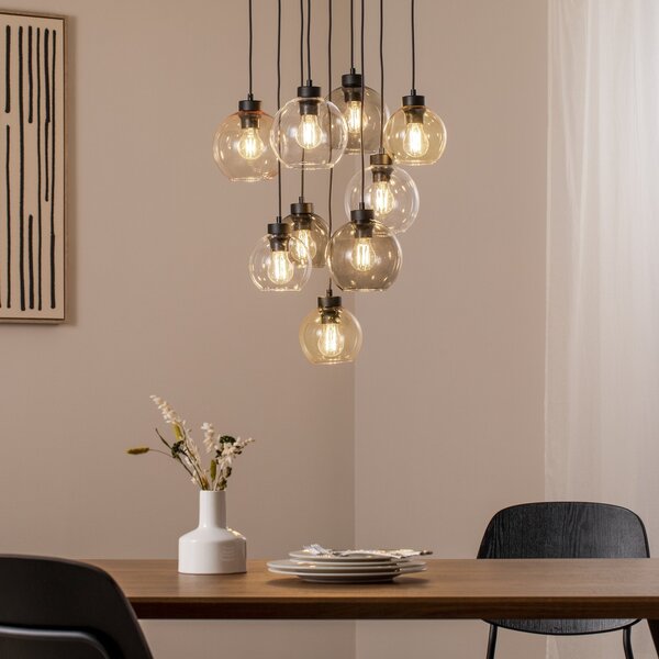 TK Lighting Lampă suspendată Cubus Mix, Ø 58 cm, 9 becuri, multicolor, sticlă, E27, reglabil, Multicolor, Camera de zi / sufragerie, Sticlă