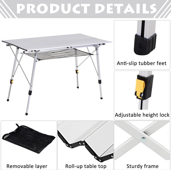 Outsunny Masă de Picnic Portabilă, Pliabilă, Ușoară, din Aluminiu cu Husă de Transport, 120x70 cm | Aosom Romania