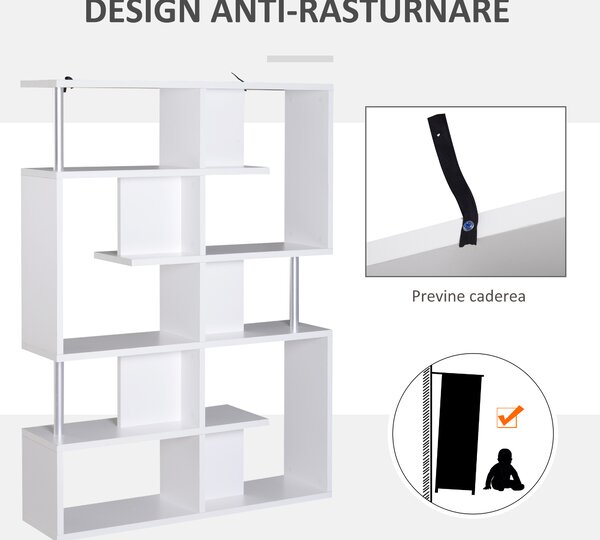 Homcom raft cărți, 5 Niveluri in Lemn, cu două curele anti-basculare în spate, 120x28.6x160cm, Alb | Aosom Romania