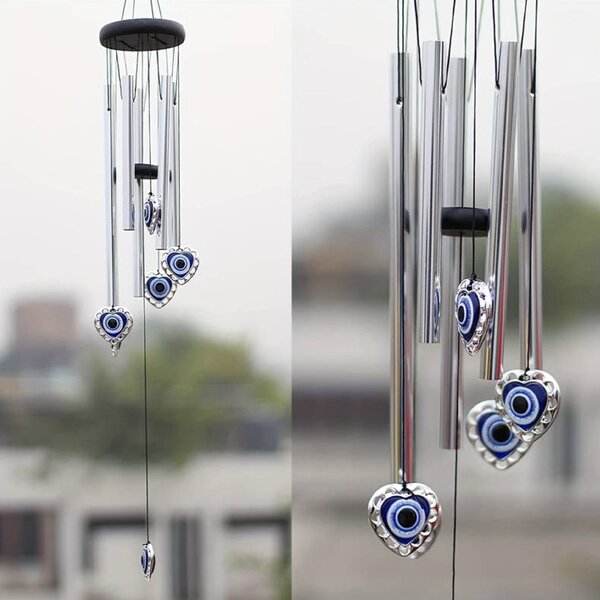 Clopotel de vant Pufo cu 5 tuburi sonore metalice pentru casa sau gradina, model Fatima's Heart, argintiu
