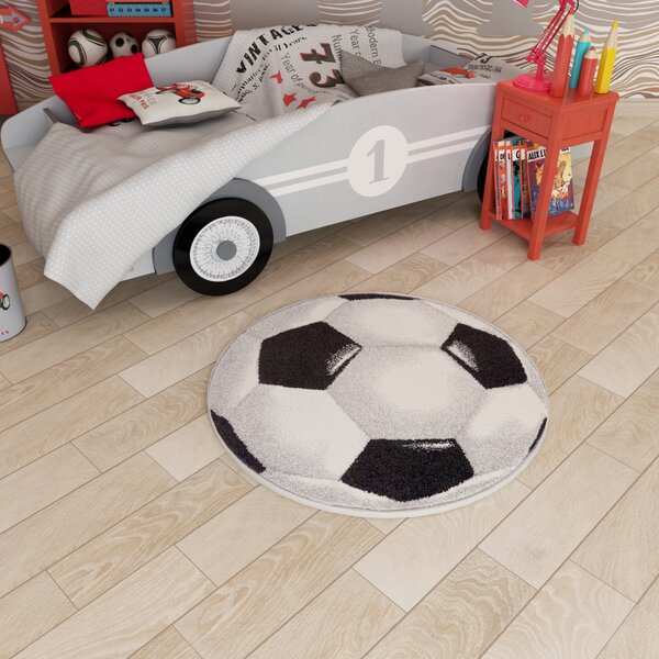 Covor Rotund Camera Copii Minge Fotbal 11199-190, Marime 67 x 67 cm, Alb, Negru, Inaltime Fir 9 mm, Antialergic, Polipropilena, Gradinita, Cresa, Loc