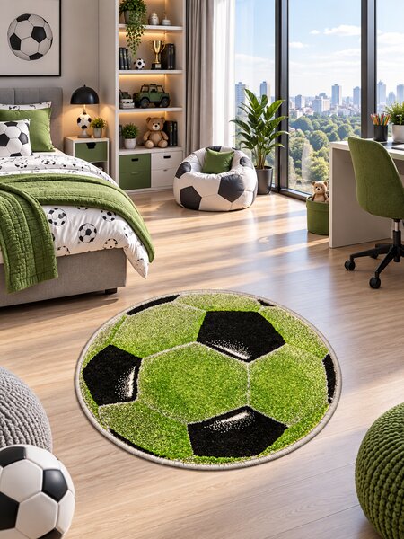 Covor Rotund Camera Copii Minge Fotbal 11198-130, Marime 67 x 67 cm, Verde, Inaltime Fir 9 mm, Antialergic, Polipropilena, Gradinita, Cresa, Loc de