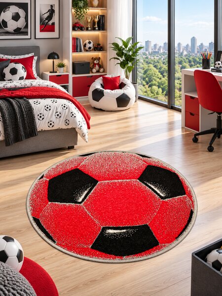 Covor Rotund Camera Copii Minge Fotbal 11198-120, Marime 67 x 67 cm, Rosu, Inaltime Fir 9 mm, Antialergic, Polipropilena, Gradinita, Cresa, Loc de
