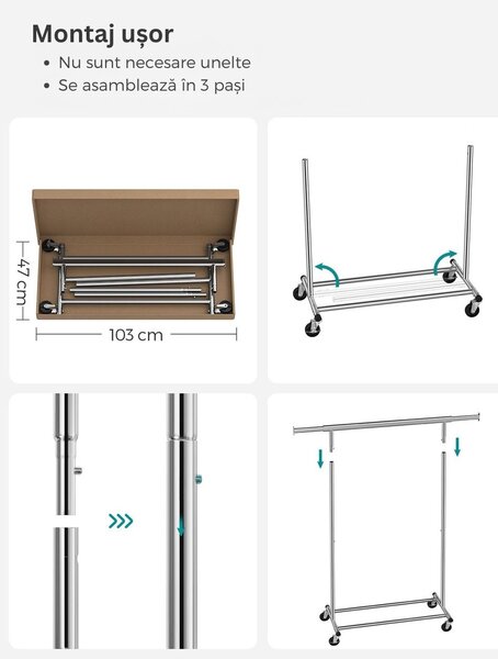 Suport pentru haine INEZ cu roți, max.90kg, 83,5x45x160cm, argintiu Jurhan