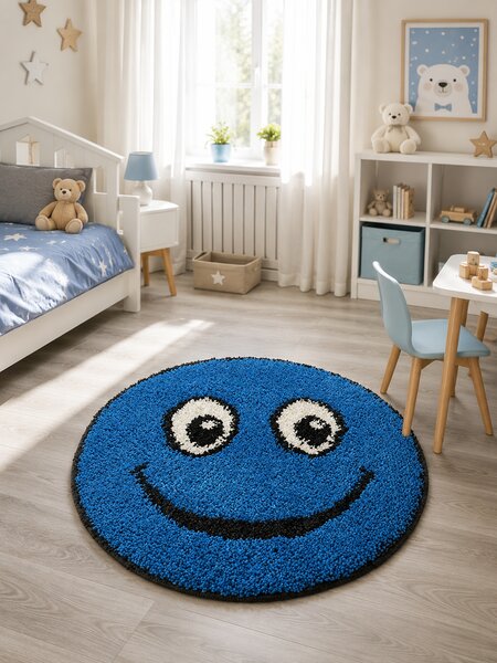 Covor Rotund Camera Copii Smile 12003A-3313, Marime 67 x 67 cm, Albastru Inchis, Inaltime Fir 30 mm, Antialergic, Polipropilena, Gradinita, Cresa, Loc