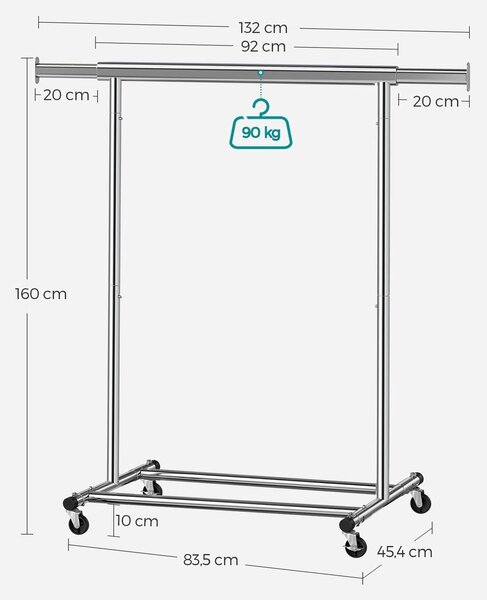 Suport pentru haine INEZ cu roți, max.90kg, 83,5x45x160cm, argintiu Jurhan