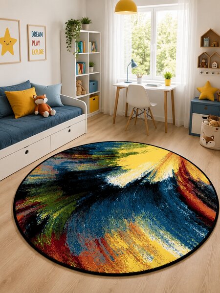 Covor Rotund Camera Copii Brush 11017-180, Marime 80 x 80 cm, Multicolor, Inaltime Fir 9 mm, Antialergic, Polipropilena, Gradinita, Cresa, Loc de