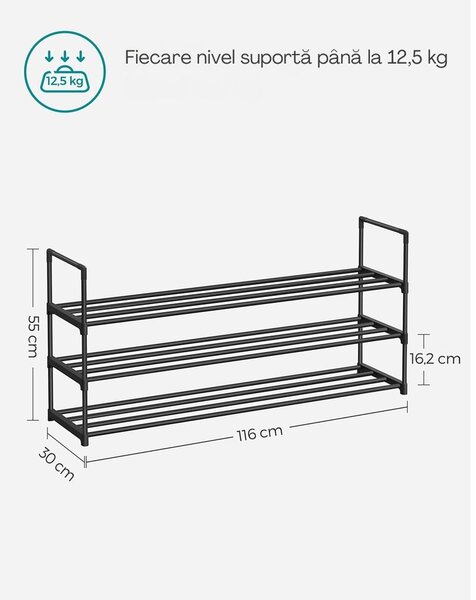 Raft pentru pantofi TORINO, 3 polițe, 30x116x55cm, negru SongmicsHome