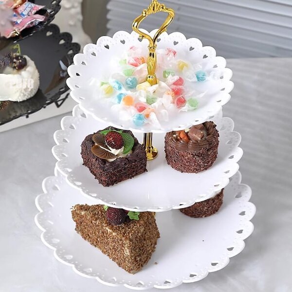 Fructiera etajata Pufo Cookies cu 3 niveluri, pentru prajituri, torturi, fructe, aperitive, 34 x 27 cm, alb