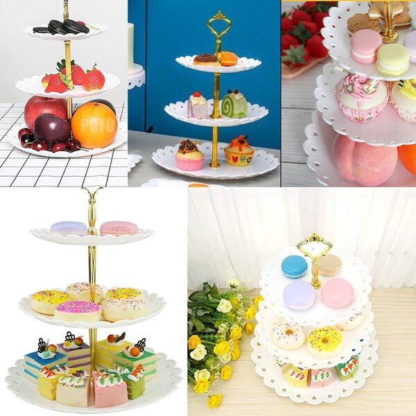 Fructiera etajata Pufo Cookies cu 3 niveluri, pentru prajituri, torturi, fructe, aperitive, 34 x 27 cm, alb