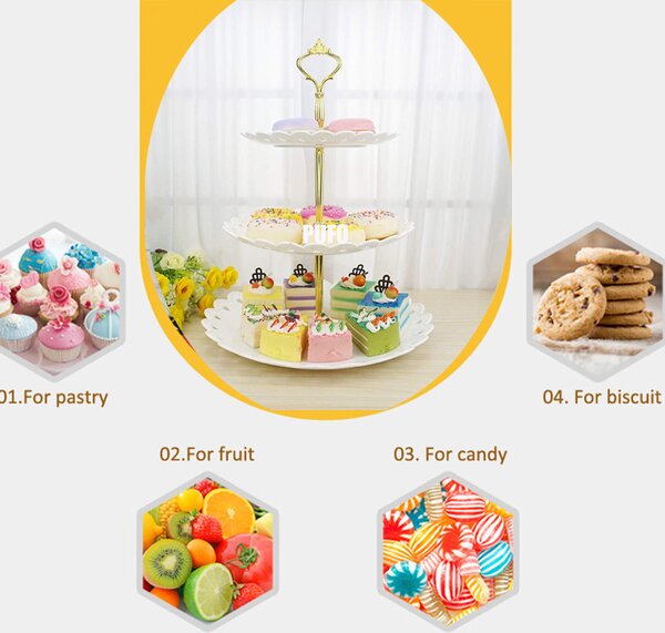 Fructiera etajata Pufo Cookies cu 3 niveluri, pentru prajituri, torturi, fructe, aperitive, 34 x 27 cm, alb