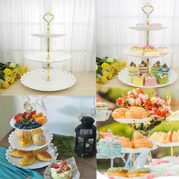 Fructiera etajata Pufo Cookies cu 3 niveluri, pentru prajituri, torturi, fructe, aperitive, 34 x 27 cm, alb